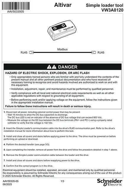 schneider施耐德Instruction Sheet - Simple Loader VW3A8120